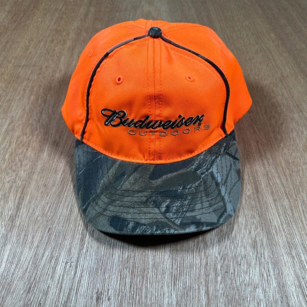 Budweiser Hat Mens OSFA Orange Camo Outdoors Hunting Baseball Cap Strapback